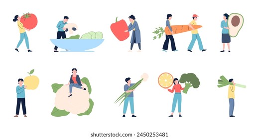 Personajes vegetarianos. Las Personas contienen verduras y frutas frescas. Visitantes del mercado agrícola, productos agrícolas. Vida vegana, nutrición vitamínica Vector reciente