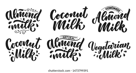 Vegetarian, Coconut, Almond milk lettering quotes for banner, logo and packaging design. Organic nutrition healthy food. Phrases about dairy product. Vector illustration