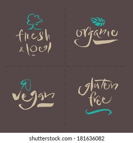 Vegetarian Collection: Organic - Fresh & local - Gluten free - Vegan - Illustration and calligraphy. EPS vector file. Hi res JPEG included