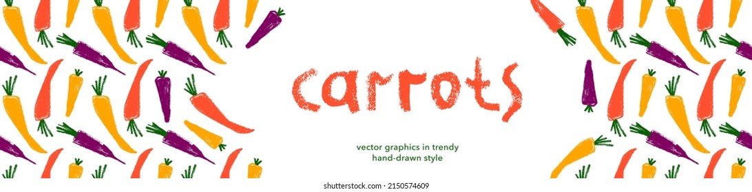 Vegetarian cooking banner with vector carrot pattern seamless. Textured hand-drawn carrots background. Healthy eating concept. Vegetable drawings for organic food label, natural juice packaging.