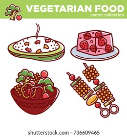 Vegetarian cuisine food dishes or vegan veggie menu vector isolated icons