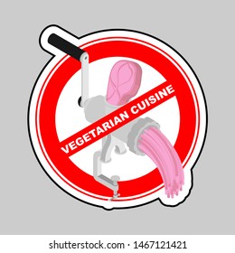 Vegetarian cuisine. Stop Meat grinder. Vegetarian symbol. Ban mincing machine. hasher. Vector meat-chopper. Red prohibition road sign 