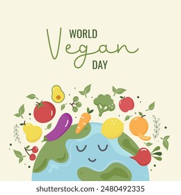 Vegetarian Day banner with Earth and fruit and vegetables around it. Vector 