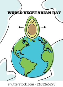 Vegetarian day vector illustration. Vegetarian colored background, border world map, AVOCADO