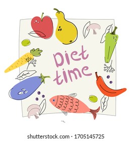 Vegetarian diet food, healthy lifestyle. Vector illustration of eggplant, carrot, hot pepper, sweet pepper, apple, champignon mushrooms, fish, pears. Vegetables and fruits. Ingredients.