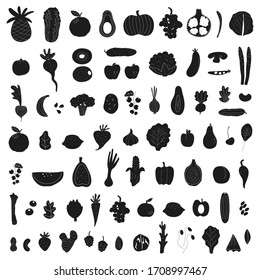 Vegetarian diet for healthy concept. Black and white big collection with fruits and vegetables. Flat vector illustration. 