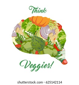 Vegetarian Diet Healthy Food Organic Vegetables Vegan Snack Leafy Greens Set Collection of Products Cooking Background Human Brain Vector Art Design Illustration