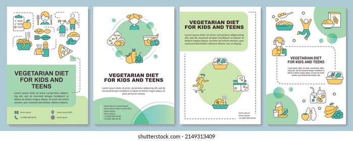 Vegetarian diet for kids and teens green brochure template. Leaflet design with linear icons. 4 vector layouts for presentation, annual reports. Arial-Black, Myriad Pro-Regular fonts used