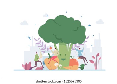 Concepto de Ilustración de Estilo de Vida de la Dieta Vegetaria Mostrando el plan de alimentación vegetariana, Adecuado para la página de inicio, ui, web, aplicación de la tarjeta de presentación, editorial, volante y banner.
