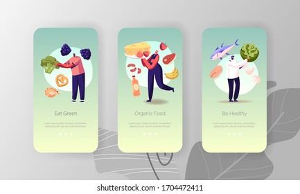 Vegetarian Diet Mobile App Page Onboard Screen Template. Tiny People Characters Choose Healthy Lifestyle, Organic Vegan Food as Source of Energy and Health Concept. Cartoon Vector Illustration