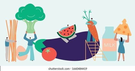 Vegetarian diet. Ovo-lacto vegetarianism concept. Tiny people carry giant vegetables and fruit. Fresh tasty food and healthy lifestyle. Grocery products for vegetarian menu. Flat vector illustration