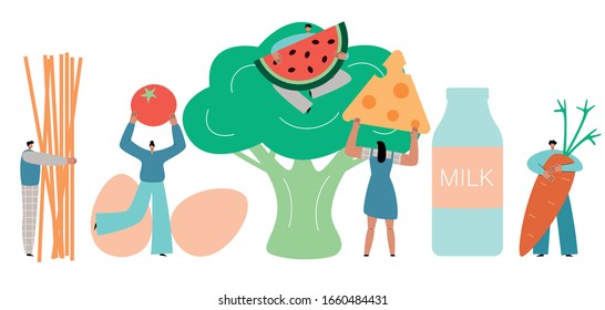 Vegetarian diet. Ovo-lacto vegetarianism concept. Tiny people carry giant vegetables and fruit. Fresh tasty food and healthy lifestyle. Organic grocery products. Flat vector illustration