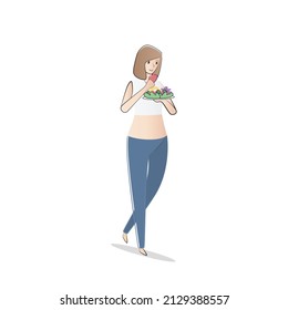 Plan de dieta vegetariana para el programa de pérdida de peso personal, ayuno intermitente (IF), alimentos sanos, desintoxicación, nutrición y natural, joven mujer en la venta de artículos deportivos ensalada de verduras, ilustración de vectores.