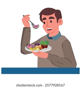 Vegetarian diet, young man eating a vegan food meal. healthy eating. vector illustration.