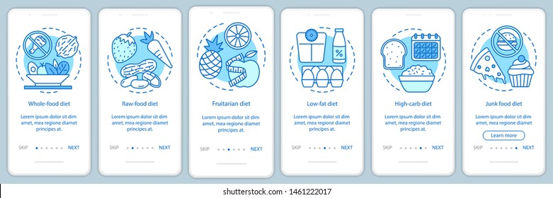 Vegetarian diets onboarding mobile app page screen vector template. Vegan lifestyle walkthrough website steps with linear illustrations. Nutrition plan. UX, UI, GUI smartphone interface concept