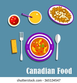 Vegetarian dinner of canadian cuisine with poutine, french fries, cheese curds and brown gravy, vegetable stew with dumplings, butter tart and orange juice. Flat style