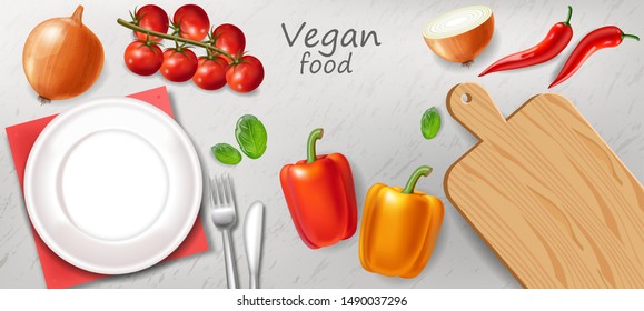 Vegetarian dinner table Vector realistic. White plate healthy food template