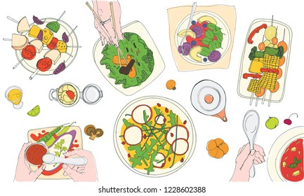 Vegetarian dinner. Tasty vegan meals lying on plates and hands of people eating them. Table with delicious veggie dishes or food, top view. Colorful hand drawn vector illustration in realistic style.