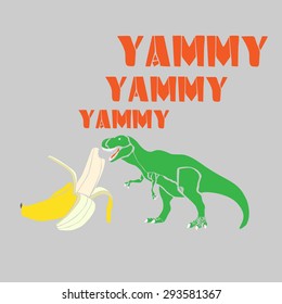 vegetarian dinosaur eating a banana and he likes it
