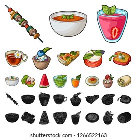 Vegetarian dish cartoon, black icons in set collection for design.Vegetable and milk food vector symbol stock web illustration.