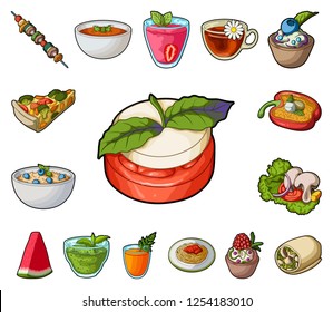Vegetarian dish cartoon icons in set collection for design.Vegetable and milk food vector symbol stock web illustration.