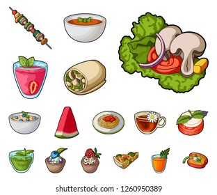 Vegetarian dish cartoon icons in set collection for design.Vegetable and milk food vector symbol stock web illustration.