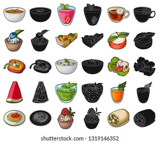 Vegetarian dish cartoon,black icons in set collection for design.Vegetable and milk food vector symbol stock web illustration.