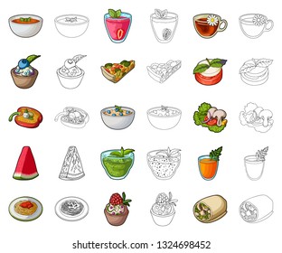 Vegetarian dish cartoon,outline icons in set collection for design.Vegetable and milk food vector symbol stock web illustration.