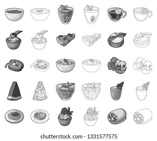 Vegetarian dish monochrome,outline icons in set collection for design.Vegetable and milk food vector symbol stock web illustration.