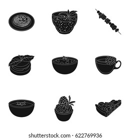 Vegetarian dishes, food vegetarian. Vegetables, fruits, herbs, mushrooms. icon in set collection on black style vector symbol stock illustration.