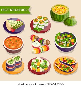 Vegetarian dishes set with fresh vegetable food isolated vector illustration