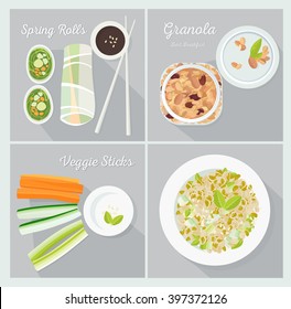 Vegetarian dishes. Set of vector illustrations. Flat lay.