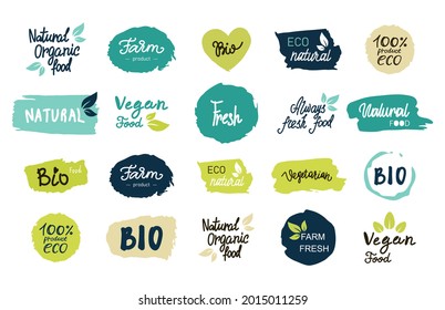 Vegetarian eco green concept
Healthy food icons, labels. Organic tags. Natural product elements. Raster illustration. Low fat stamp. Eco product.
