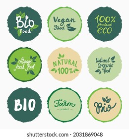 Vegetarian eco green concept
Healthy food icons, labels. Organic tags. Natural product elements. Raster illustration. Low fat stamp. Eco product.