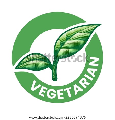 Vegetarian Engraved Round Icon with 2 Green Leaves isolated on a White Background