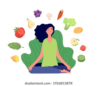 Vegetarian female character. Young woman meditation, eco products or healthy food. Green vegan lifestyle, vegetables and fruits utter vector concept