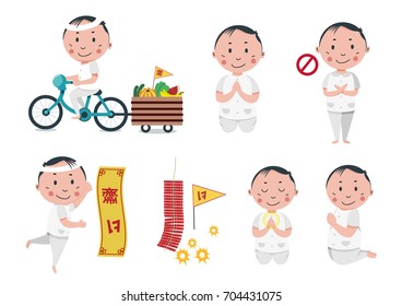 Vegetarian festival with boy character in white clothes, posting different manners , the symbolic flag meaning to refrain from meat consuming, all isolated on white background, illustration , vector.