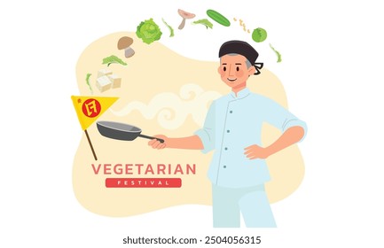 Vegetarian Festival illustriert mit gelber Flagge für Multimedia-Design. Thailändischer und chinesischer Buchstabe bedeuten "Vegetarisches Festival oder Vegetarische Lebensmittel", um Lebensmittel für Menschen anzugeben, die an diesem Festival teilnehmen.