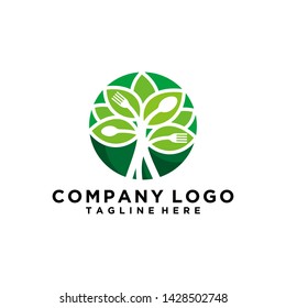 vegetarian food abstrack logo vector icon ilustration, organic cutlery, leaves with spoon stems and forks