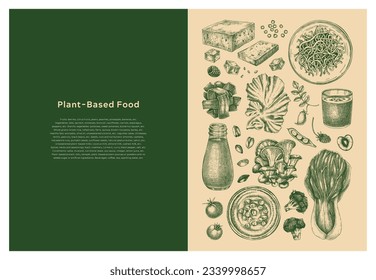 Vegetarian food background. Tofu, plant milk, mushrooms, vegetables, nuts, berries, seaweeds, beans, seeds sketches. Plant-based product, healthy food, vegetarian restaurant menu design template