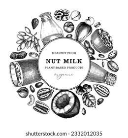 Vegetarian food banner design. Dairy products advertising background. Plant milk in glass, bottle, almond, pecan, coconut, pistachio sketch. Healthy drink, nut milk packaging, print, label template. 