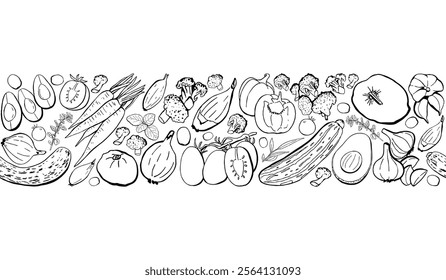 Vegetarian Food Border with Doodle Vegetables on White Background. Vector Outline Illustration Top View