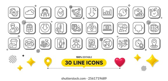 Vegetarian food, Business meeting and Coins bag line icons pack. 3d design elements. Salary, Donation, Report diagram web icon. E-mail, Cloudy weather, Call center pictogram. Vector