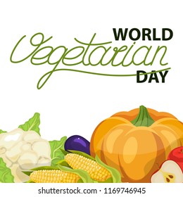 Vegetarian food. Cartoon vegetables. Organic fresh product. World health day. Handwritten inscription. Calligraphy. Stock vector. Corn with big pumpkin, cabbage, eggplant and Apple .