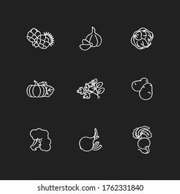 Vegetarian food chalk white icons set on black background. Raw ingredient for vegan salad. Recipe with veggies. Healthy eating. Dieting for fitness. Isolated vector chalkboard illustrations