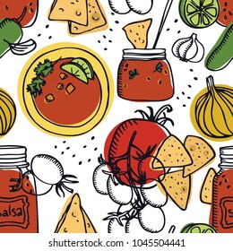 Vegetarian food collection Delicious tomato salsa with chips Seamless pattern