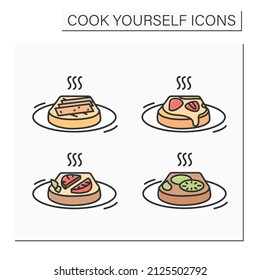 Vegetarian food color icons set. Cucumber, tomato, tofu and peanut butter toasts. Easy recipes for cooking at home. Isolated vector illustrations