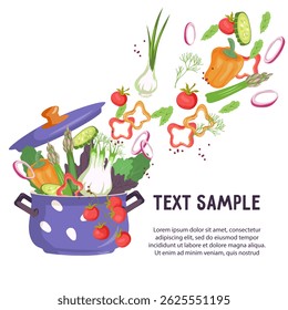 Vegetarian food and cooking banner template. Flyer design with cooking pot and vegetables, flat vector illustration isolated on white background.