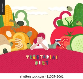 Vegetarian food diet- flat vector concept illustration, composition of healthy vegetable diet, young ginger girl lying on hill, sunny sky with clouds, Vegetarian Diet lettering, giant vegetables