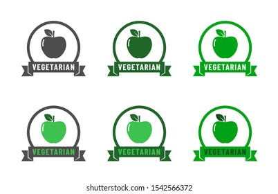 Vegetarian food diet icon set. Organic, bio, eco symbols. No meat, vegetarian, healthy and nonviolent food. Round green vector illustrations with ribbons and apples for stickers, labels and logos